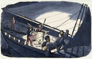Charles Gibbs kalóz (19. század eleje) megöli Thornby kapitányt és a tengerbe dobja. Metszet "A kalóz saját könyvéből" 1837. alkotó: American School