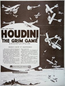A „The Grim Game” című plakátot reklámozza Houdini főszereplésével alkotó: American School