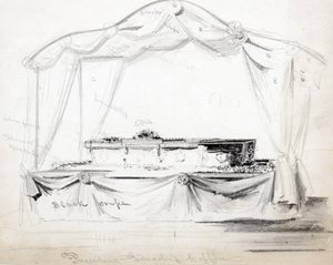 Abraham Lincoln elnök koporsója államban hever a Fehér Házban, Washington D.C., 1865. április (ceruza, tinta és mosás papíron) alkotó: American School