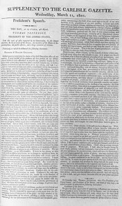 Jefferson elnök beiktatási beszéde, a Carlisle Gazette melléklete, 1801. március 11. alkotó: American School