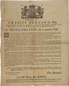 Kiáltvány Francis Bernard, Massachusetts Bay kormányzója nevében: böjtnap meghirdetése a francia és indiai háború idején, 1761. április 8. alkotó: American School