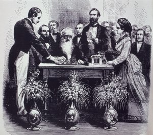 Samuel Finley Breese Morse professzor (1791-1872) elmagyarázza találmányának funkcióját alkotó: American School