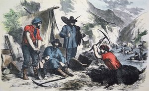 Kutatók az 1849-es kaliforniai aranyláz idején (színes litó) alkotó: American School
