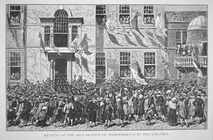 A Függetlenségi Nyilatkozat felolvasása Philadelphia polgárai számára, 1776. július 8. (litho) alkotó: American School