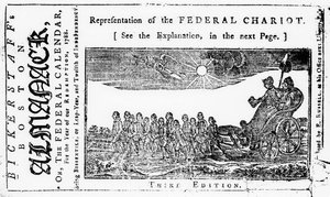 A Szövetségi Szekér ábrázolása, borítóillusztráció a Bickerstaffs Boston Almanack-ból, 1788-ban alkotó: American School