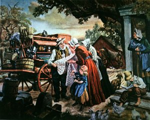 Vidéki Amerika a 19. században: a háztartási cikkek utazó eladója (színes litho) alkotó: American School