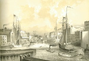 Rush Street Bridge, View from State Street, Chicago Illustrated, James W. Sheahan irodalmi leírásaival, Jevne & Almini, Chicago, 1866-67 alkotó: American School
