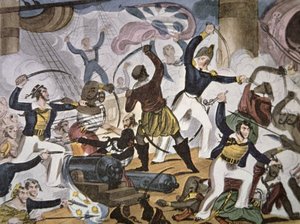 A Királyi Haditengerészet tengerészei Algeri kalózhajóra szállnak, 1820 körül (színes litho) alkotó: American School