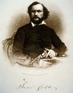 Samuel Colt kezében az egyik ütős revolverével (metszet) alkotó: American School