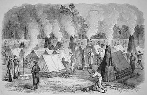 Jelenet a tábori életben - kéményépítészet - a szövetségi katonák tábortüzeiknél (metszet) alkotó: American School