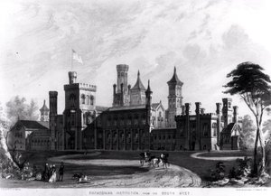 Smithsonian Intézet délnyugatról, Robert D. Owen „Hints on Public Architecture” című művéből, Sarony und Major metszet, 1849 alkotó: American School