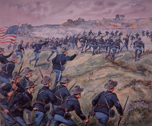 Spanyol-amerikai háború 1898, amerikai csapatok megrohamozzák San Juan Heights-t Kubában (színes litho) alkotó: American School