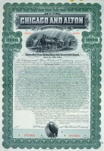 1000 dolláros kötvénybizonyítvány minta a Chicago and Alton Railroad Company számára, 1899 alkotó: American School