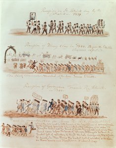 Szent Patrik napi körmenet 1837-ben és körmenet Henry Clayért, Francis Schunk kormányzóért és James Polkért 1844-ben (tinta és wc papíron) alkotó: American School