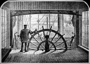 Gőzhajó pilóta a kormányállásban, 1870 körül (metszet) alkotó: American School