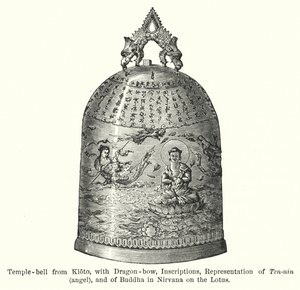 Templomharang Kiotóból, sárkányíjjal, feliratokkal, Ten-nin, angyal és Buddha ábrázolása a Nirvánában a Lótuszon (metszet) alkotó: American School