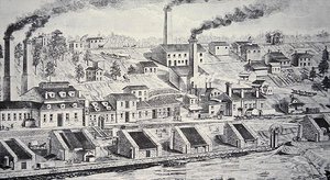 Du Pont porgyár, a Brandywine folyón (vonalmetszet) alkotó: American School