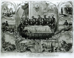 A tizenötödik módosítás, amelyet Ulysses S. Grant elnök írt alá (1822-85), 1870. március (litho) (fekete-fehér fotó) alkotó: American School