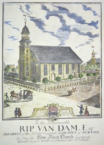 Az Új Holland Református Templom, a Nassau és a Liberty utca sarkán, New Yorkban épült 1731-ben (színes metszet) alkotó: American School