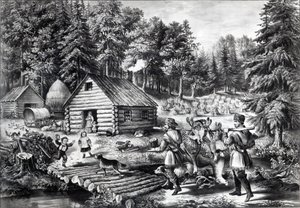 Az úttörőotthon a nyugati határon, kocsma. Currier und Ives, 1867 alkotó: American School