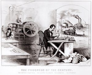 Az évszázad előrehaladása: The Lightning Steam Press, az elektromos távíró, a mozdony és a gőzhajó, kocsma. Currier & Ives, 1876 alkotó: American School