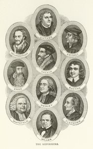 A reformátorok, Luther, Melanchthon, Zwingli, Calvin, Knox, Bunyan, Wesley, Whitefield, Fletcher, Miller alkotó: American School