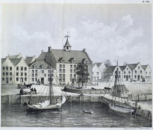 A New York-i Stadthuys 1679-ben, Corner of Pearl Street és Coentijs Slip, a Journal of a Voyage to New York 1679-80-ból Jasper Danckaerts (sz. 1639) és Peter Sluyter (1645-1722) 1867-ben. alkotó: American School