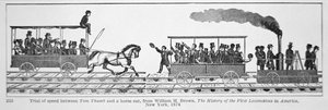 A „Tom Thumb Locomotive” lovaskocsival versenyez, William H. Brown 1830-as „Az első mozdonyok története Amerikában” című művéből (litho) alkotó: American School