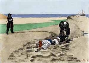 A halottak nem beszélnek: Howard Pyle (1853 - 1911) amerikai illusztrátor "A kalózok könyve - A spanyol főtenger kalózai és martalócai" című művéből származó illusztráció a kalózokról. 1887. alkotó: American School