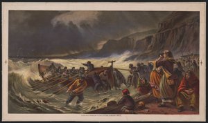 Az indulás, a mentőcsónak vízre bocsátása, 1878 körül (kromolitográfia) alkotó: American School