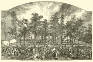 A lázadók felgyújtották a Colored Orphan Asylumot, a Fifth Avenue és a Forty-Sixth Street sarkán, New Yorkban, 1863. július alkotó: American School