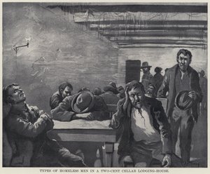 Hajléktalan férfiak típusai egy kétcentes pinceszálláson (litho) alkotó: American School