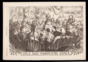 Thomas Nast „Uncle Sam’s Thanksgiving Dinner” metszet, Harper’s Weekly, november 20. alkotó: American School