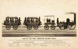 Kilátás az első amerikai vasúti vonatra, kocsma. 1865 alkotó: American School