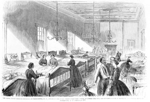 Önkéntes ápolónők, akik betegeket ápolnak a Georgetown-i amerikai általános kórházban, a Frank Leslies Illustrated Newspaperből, 1861. július 6. alkotó: American School