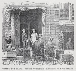 Kereskedelemre várva kínai járdakő-kereskedők a Mott Streeten (litho) alkotó: American School