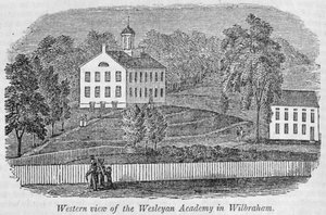 A wilbrahami Wesleyan Akadémia nyugati képe, "Massachusetts Történelmi Gyűjteményéből", John Warner Barber, 1839 (metszet) alkotó: American School