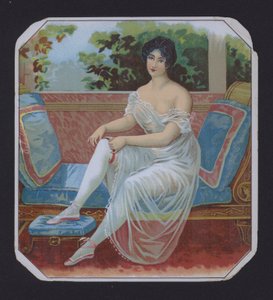 Nő negligee-ben, szivarcímkével (chromolitho) alkotó: American School