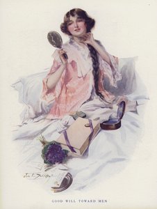 Nő nézi át férfi hódolói ajándékait (színes litográfia) alkotó: American School