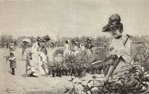 Nők sétálnak Brerában, Milánóban, Olaszországban, metszet Amerino Cagnoni (1853-1923) Maggio (május) című festményéről, L