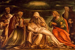 Pieta Szent Márk, Ambrose, János evangélista és Antonio Abate között, Amico Aspertini (1474 vagy 1475-1552), tempera, vászon