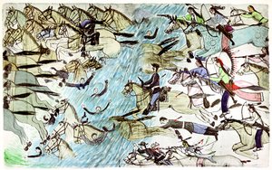 Amerikai lovasság visszavonul a folyón át az indián harcosok által üldözve, 1900