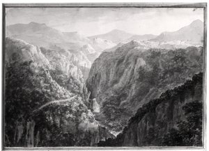 Jelenet az Ördöghídnál lévő fogadóból a Rhydal bukásával, a „Kilátások Angliában, Skóciában és Walesben” című filmből, 1804 (szürke festés grafit felett a szőtt papíron)