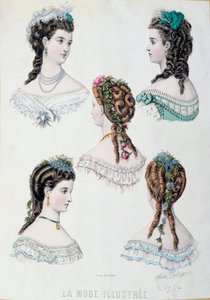 Öt női frizura A tányér a „La mode illustree”-ből, Anais Coutwelve-től