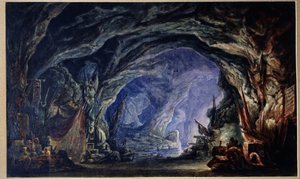 Adolphe Adam (1803-1856) Le Corsaire című balettjének előkészítő dekorációja (A. Adam balett-korzár színpadterve). A korzárok tengeri barlangja, ahol felhalmozzák zsákmányukat és mindenféle nyereményüket (rongyok, edények, fegyverek). Ó alkotó: Anatoli Fedorovich Geltser