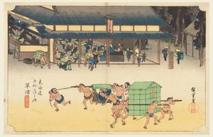 Kusatsu, a rizstortáiról híres állomás a Tokaido út ötvenhárom állomásán (Tokaido Gojusan Tsugi-no Uchi) alkotó: Ando Hiroshige