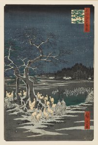 Szilveszter rókatüzek a változó fánál, Oji, 19. század alkotó: Ando Hiroshige