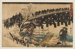 Woodblock print - Két férfi egy csónakban egy híd alatt, 1797-1858 alkotó: Ando Hiroshige