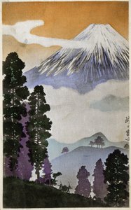 Földrajz. Japán. Fuji hegy. Hiroshige fametszete: A Tokaido ötvenhárom állomása (1833-1834). Képeslap, Japán, 1900 körül. Hiroshige fametszete a következő kiadványban: A Tokaido ötvenhárom állomása (1833-1834). Képeslap, Japán, 1900 körüli (képeslap)