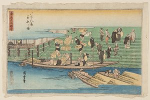 Hajók dokkolása Hachikenyában (Hachikenya chakusen no zu) (színes fatömbnyomat) alkotó: Ando or Utagawa Hiroshige